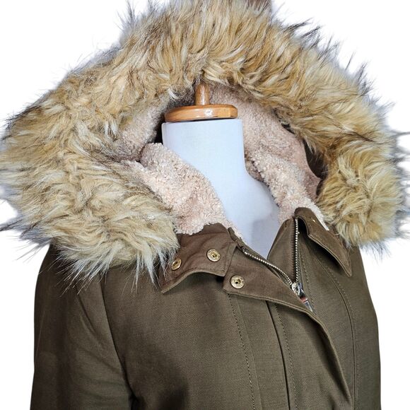Zara Trafaluc Parka Coat Khaki Faux Fur Hood Lined Winter Utility Jacket Sz M - Picture 2 of 12